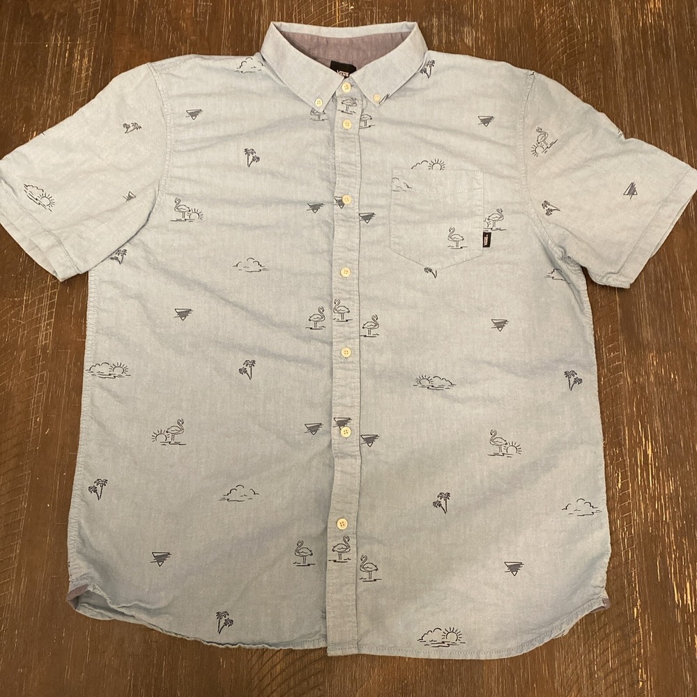 VANS Shirt Adult XL Light Blue Flamingo All Over Print Casual Mens Skater